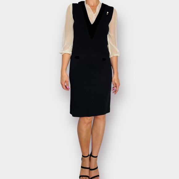 60s Butte Knit‎ Black Wool Dress with Velvet Trim - Picture 3 of 8